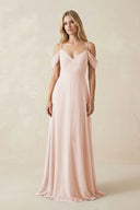 Off - the - Shoulder Chiffon A - Line Maxi Bridesmaid Dress in Pale Blush - KissProm Bridesmaid Dresses