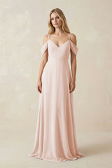 Off - the - Shoulder Chiffon A - Line Maxi Bridesmaid Dress in Pale Blush - KissProm Bridesmaid Dresses