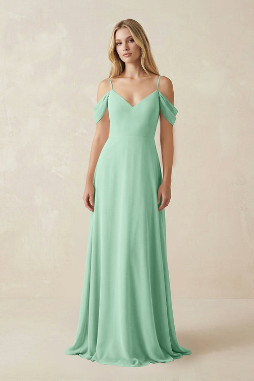 Off - the - Shoulder Chiffon A - Line Maxi Bridesmaid Dress in Pale Pistachio - KissProm Bridesmaid Dresses