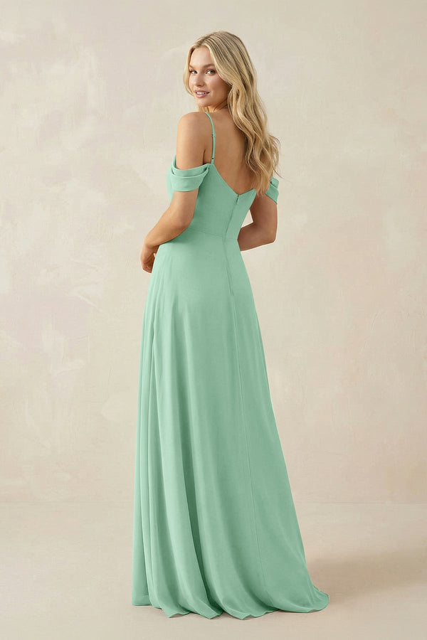 Off - the - Shoulder Chiffon A - Line Maxi Bridesmaid Dress in Pale Pistachio - KissProm Bridesmaid Dresses