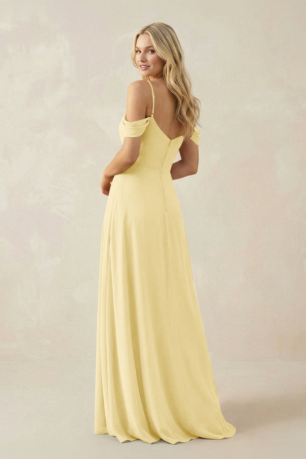 Off - the - Shoulder Chiffon A - Line Maxi Bridesmaid Dress in Pastel Yellow - KissProm Bridesmaid Dresses