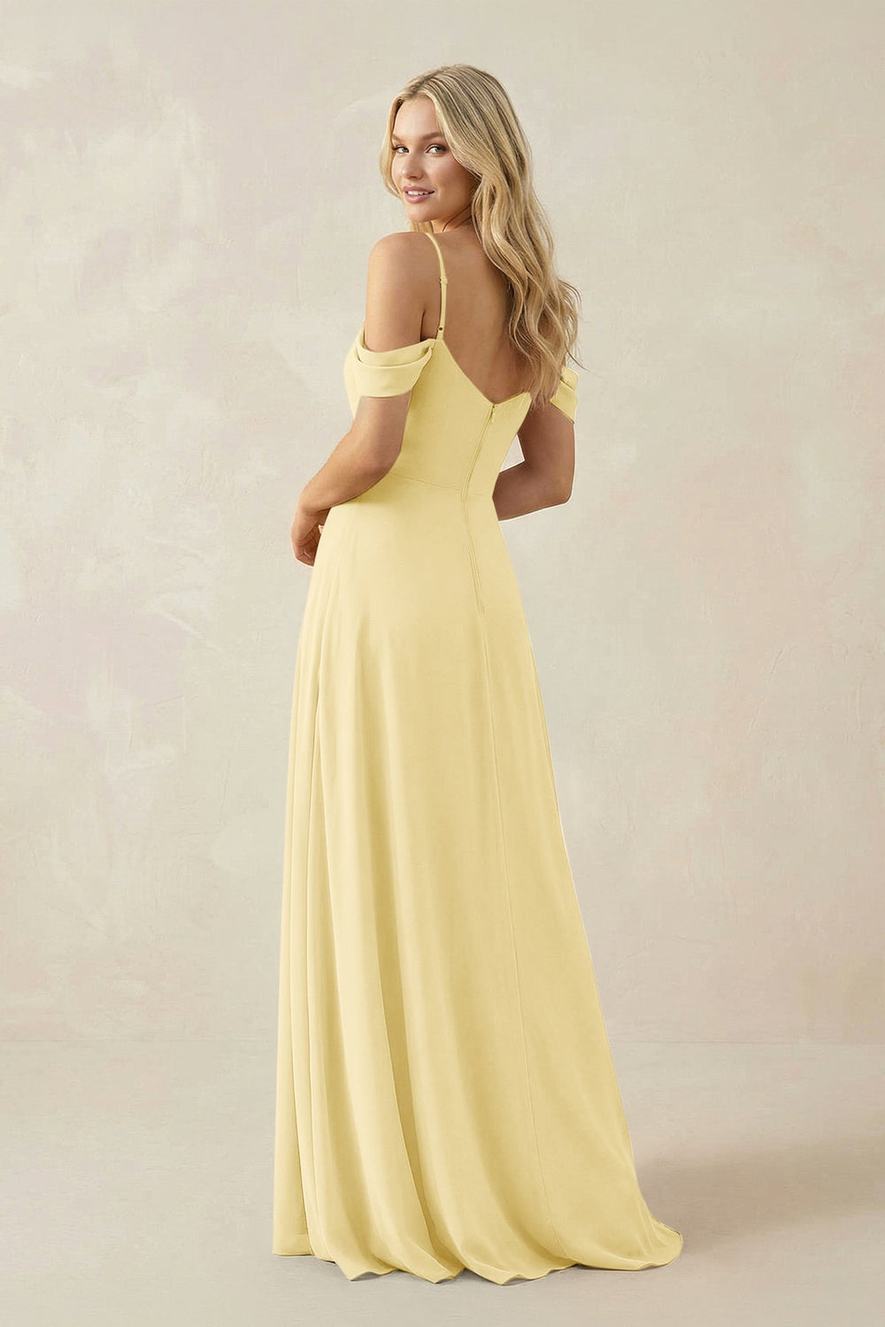 Off - the - Shoulder Chiffon A - Line Maxi Bridesmaid Dress in Pastel Yellow - KissProm Bridesmaid Dresses