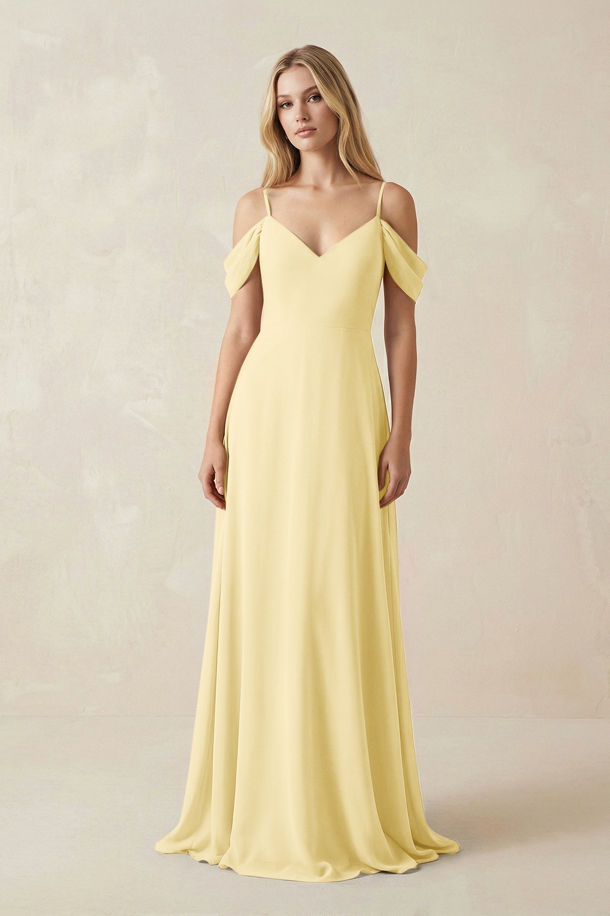 yellow maxi bridesmaid dress KissProm Off-the-Shoulder Chiffon A-Line in Pastel Yellow, Pastel / 24 Linen Elegant Casual Romantic thanksgiving outfit Available in sizes 0–30 Size:USA S