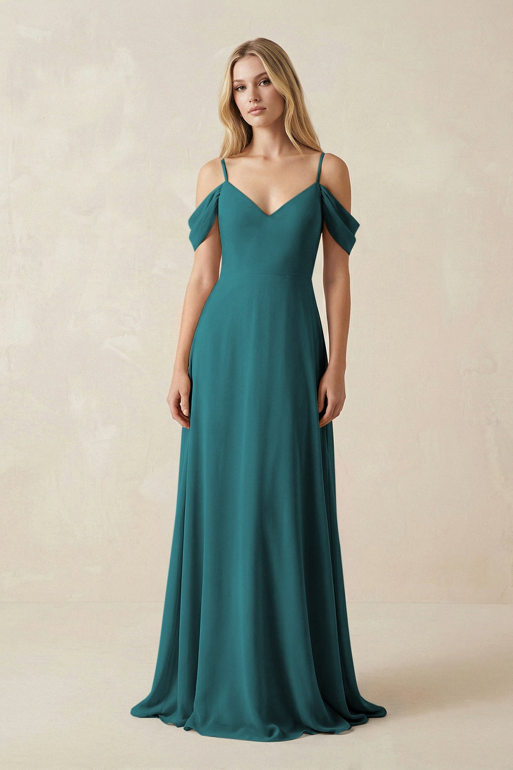 Off - the - Shoulder Chiffon A - Line Maxi Bridesmaid Dress in Pine - KissProm Bridesmaid Dresses