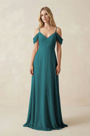 Off - the - Shoulder Chiffon A - Line Maxi Bridesmaid Dress in Pine - KissProm Bridesmaid Dresses