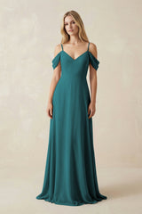 Off - the - Shoulder Chiffon A - Line Maxi Bridesmaid Dress in Pine - KissProm Bridesmaid Dresses