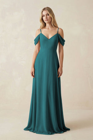 Off - the - Shoulder Chiffon A - Line Maxi Bridesmaid Dress in Pine - KissProm Bridesmaid Dresses