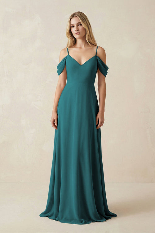 Off - the - Shoulder Chiffon A - Line Maxi Bridesmaid Dress in Pine - KissProm Bridesmaid Dresses