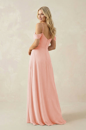 Off - the - Shoulder Chiffon A - Line Maxi Bridesmaid Dress in Rose Petal - KissProm Bridesmaid Dresses