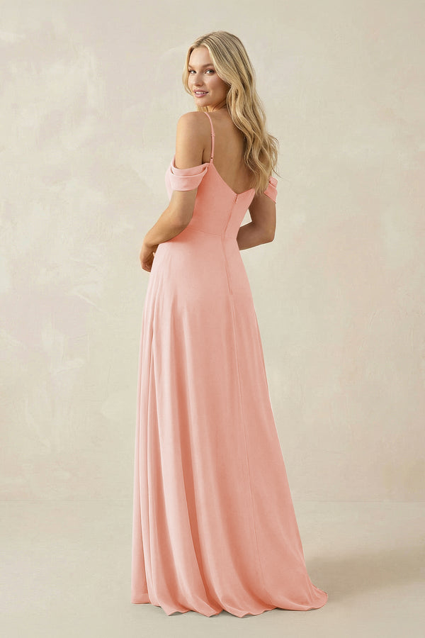Off - the - Shoulder Chiffon A - Line Maxi Bridesmaid Dress in Rose Petal - KissProm Bridesmaid Dresses