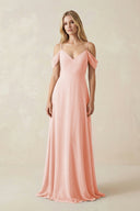 Off - the - Shoulder Chiffon A - Line Maxi Bridesmaid Dress in Rose Petal - KissProm Bridesmaid Dresses