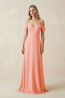 Off - the - Shoulder Chiffon A - Line Maxi Bridesmaid Dress in Rosette - KissProm Bridesmaid Dresses