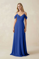 Off - the - Shoulder Chiffon A - Line Maxi Bridesmaid Dress in Royal Blue - KissProm Bridesmaid Dresses