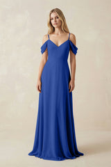 Off - the - Shoulder Chiffon A - Line Maxi Bridesmaid Dress in Royal Blue - KissProm Bridesmaid Dresses