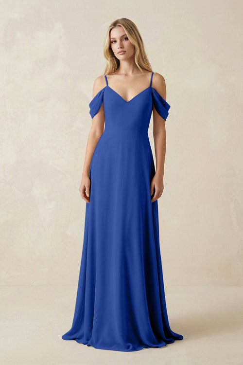 Off - the - Shoulder Chiffon A - Line Maxi Bridesmaid Dress in Royal Blue - KissProm Bridesmaid Dresses