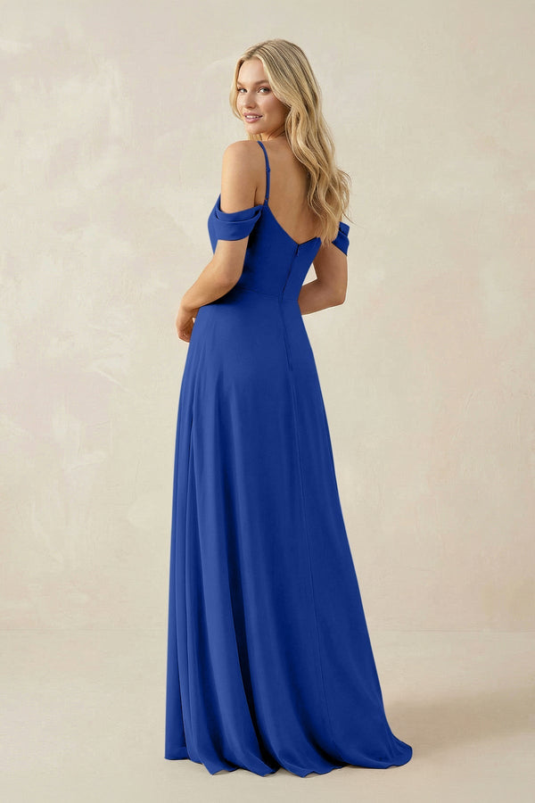 Off - the - Shoulder Chiffon A - Line Maxi Bridesmaid Dress in Royal Blue - KissProm Bridesmaid Dresses