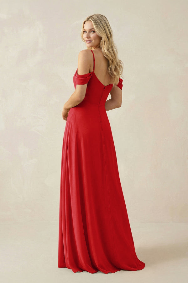 Off - the - Shoulder Chiffon A - Line Maxi Bridesmaid Dress in Ruby Red - KissProm Bridesmaid Dresses