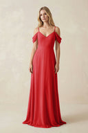 Off - the - Shoulder Chiffon A - Line Maxi Bridesmaid Dress in Ruby Red - KissProm Bridesmaid Dresses