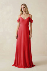 Off - the - Shoulder Chiffon A - Line Maxi Bridesmaid Dress in Ruby Red - KissProm Bridesmaid Dresses