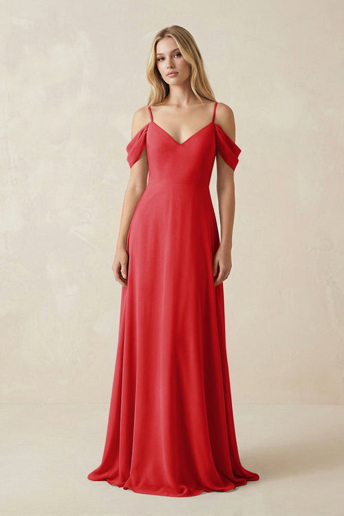 Off - the - Shoulder Chiffon A - Line Maxi Bridesmaid Dress in Ruby Red - KissProm Bridesmaid Dresses
