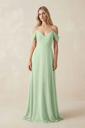 Off - the - Shoulder Chiffon A - Line Maxi Bridesmaid Dress in Sage - KissProm Bridesmaid Dresses