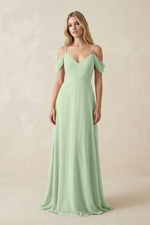 Off - the - Shoulder Chiffon A - Line Maxi Bridesmaid Dress in Sage - KissProm Bridesmaid Dresses