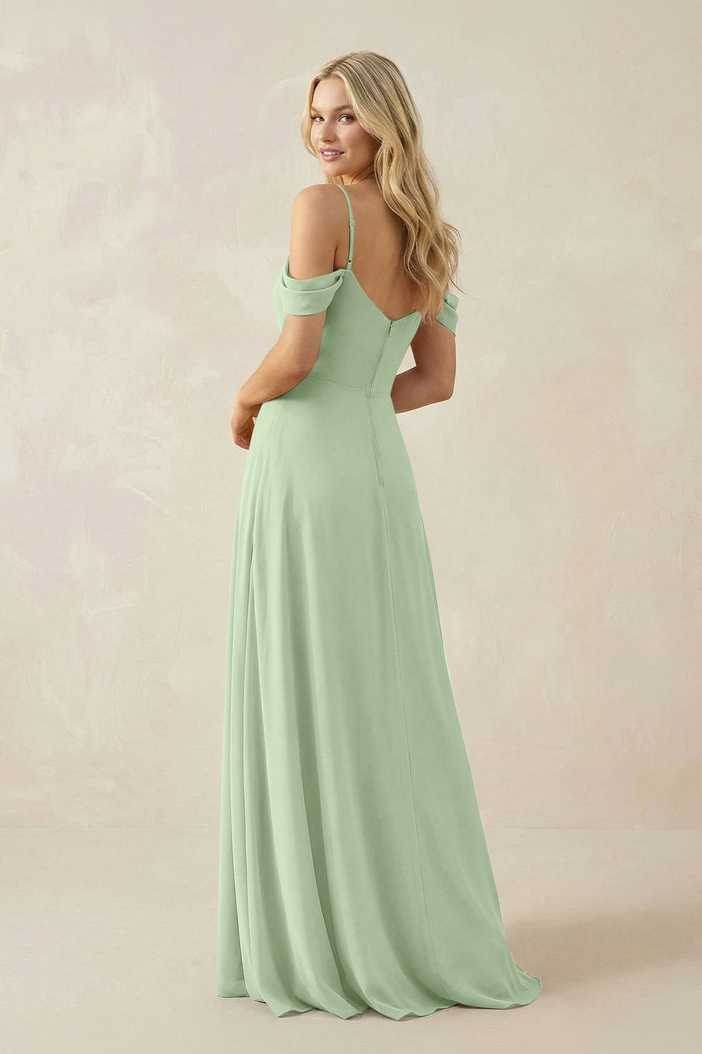 Off - the - Shoulder Chiffon A - Line Maxi Bridesmaid Dress in Sage - KissProm Bridesmaid Dresses