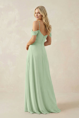 Off - the - Shoulder Chiffon A - Line Maxi Bridesmaid Dress in Sage - KissProm Bridesmaid Dresses