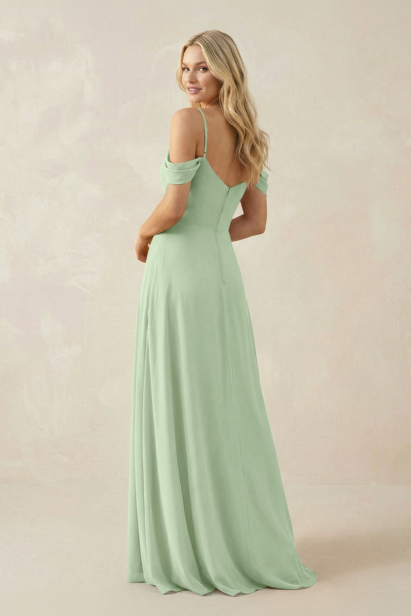 Off - the - Shoulder Chiffon A - Line Maxi Bridesmaid Dress in Sage - KissProm Bridesmaid Dresses