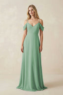 Off - the - Shoulder Chiffon A - Line Maxi Bridesmaid Dress in Sea Glass - KissProm Bridesmaid Dresses