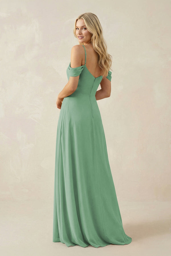 Off - the - Shoulder Chiffon A - Line Maxi Bridesmaid Dress in Sea Glass - KissProm Bridesmaid Dresses