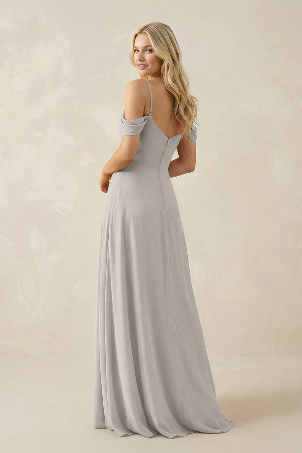 Off - the - Shoulder Chiffon A - Line Maxi Bridesmaid Dress in Silver - KissProm Bridesmaid Dresses