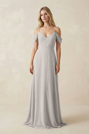 Off - the - Shoulder Chiffon A - Line Maxi Bridesmaid Dress in Silver - KissProm Bridesmaid Dresses