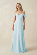 Off - the - Shoulder Chiffon A - Line Maxi Bridesmaid Dress in Sky Blue - KissProm Bridesmaid Dresses