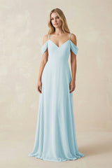 Off - the - Shoulder Chiffon A - Line Maxi Bridesmaid Dress in Sky Blue - KissProm Bridesmaid Dresses
