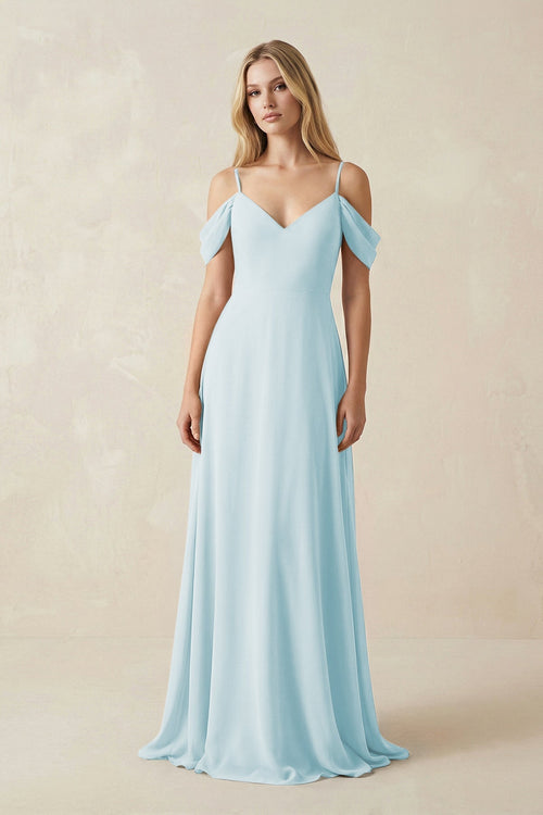 Off - the - Shoulder Chiffon A - Line Maxi Bridesmaid Dress in Sky Blue - KissProm Bridesmaid Dresses