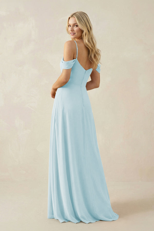 Off - the - Shoulder Chiffon A - Line Maxi Bridesmaid Dress in Sky Blue - KissProm Bridesmaid Dresses