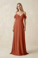 Off - the - Shoulder Chiffon A - Line Maxi Bridesmaid Dress in Spice - KissProm Bridesmaid Dresses
