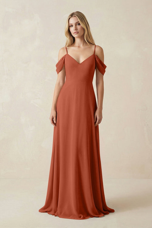 Off - the - Shoulder Chiffon A - Line Maxi Bridesmaid Dress in Spice - KissProm Bridesmaid Dresses