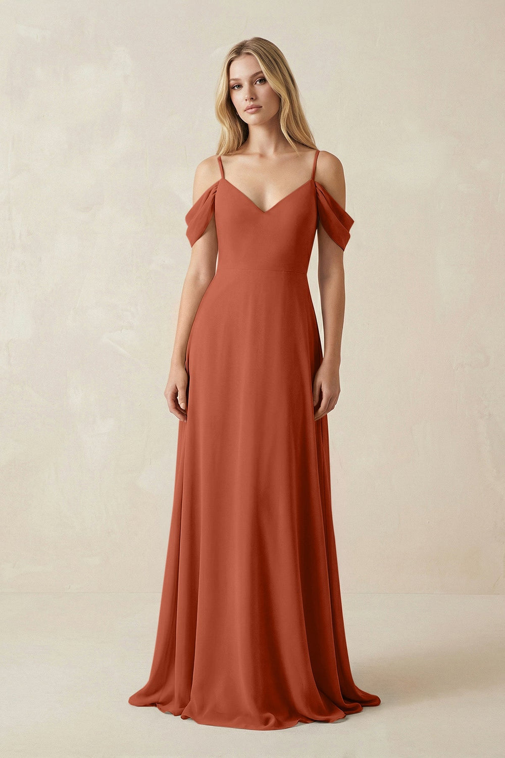 Off - the - Shoulder Chiffon A - Line Maxi Bridesmaid Dress in Spice - KissProm Bridesmaid Dresses