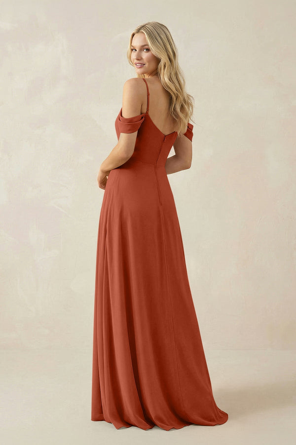Off - the - Shoulder Chiffon A - Line Maxi Bridesmaid Dress in Spice - KissProm Bridesmaid Dresses