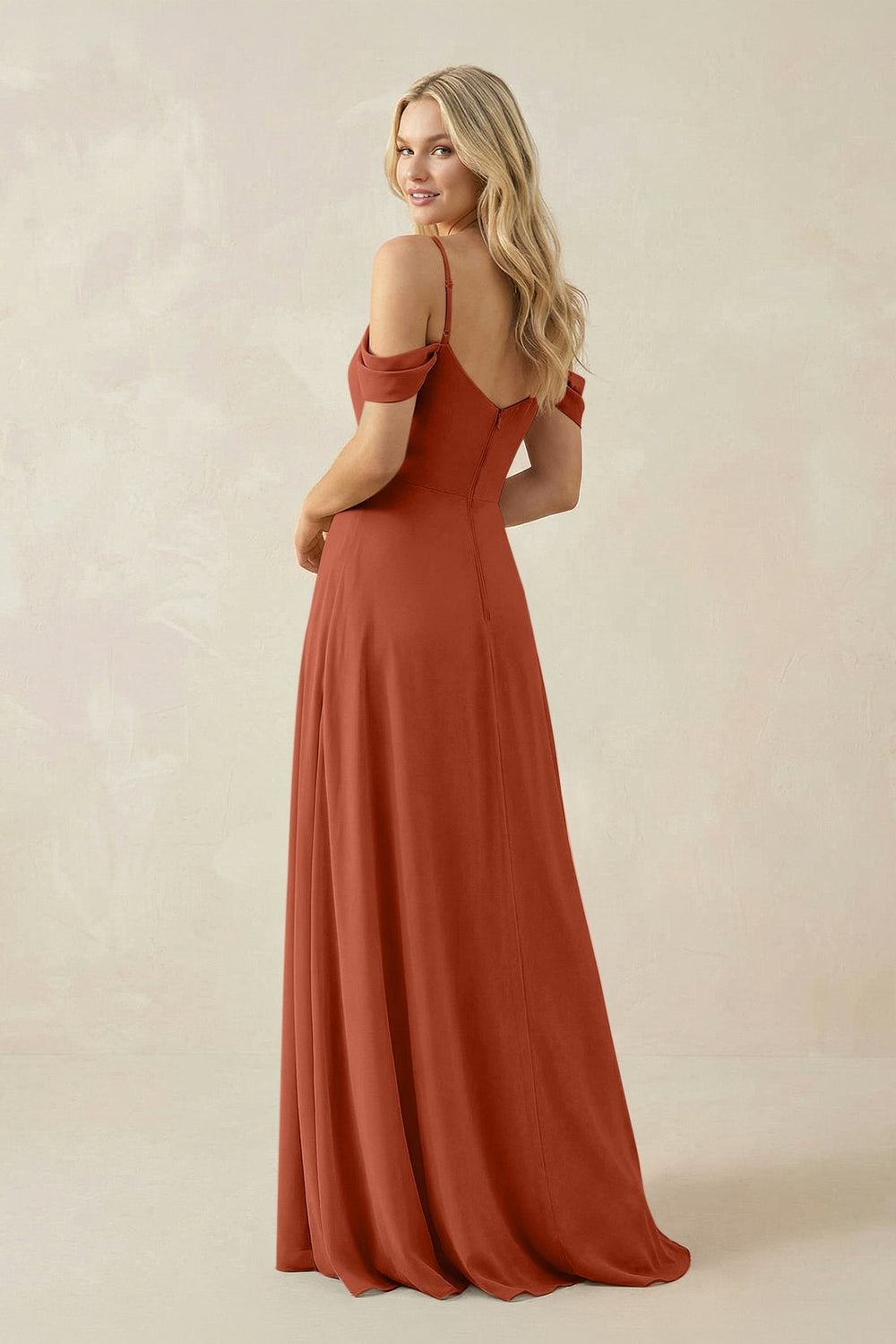 Off - the - Shoulder Chiffon A - Line Maxi Bridesmaid Dress in Spice - KissProm Bridesmaid Dresses