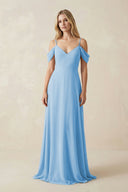 Off - the - Shoulder Chiffon A - Line Maxi Bridesmaid Dress in Steel Blue - KissProm Bridesmaid Dresses