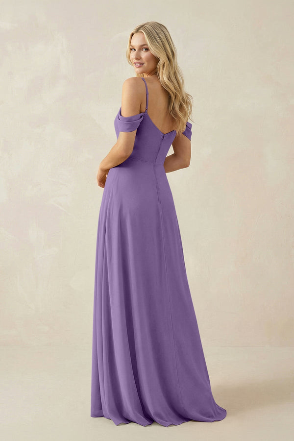 Off - the - Shoulder Chiffon A - Line Maxi Bridesmaid Dress in Tahiti - KissProm Bridesmaid Dresses