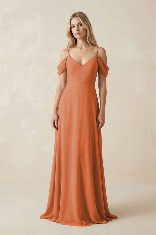 Off - the - Shoulder Chiffon A - Line Maxi Bridesmaid Dress in Terracotta - KissProm Bridesmaid Dresses