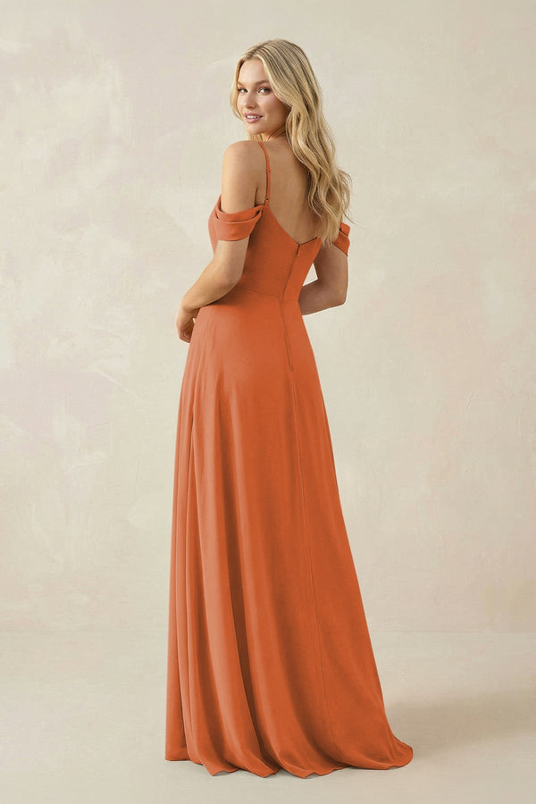 Off - the - Shoulder Chiffon A - Line Maxi Bridesmaid Dress in Terracotta - KissProm Bridesmaid Dresses