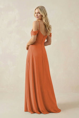 Off - the - Shoulder Chiffon A - Line Maxi Bridesmaid Dress in Terracotta - KissProm Bridesmaid Dresses