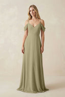 Off - the - Shoulder Chiffon A - Line Maxi Bridesmaid Dress in Thyme - KissProm Bridesmaid Dresses