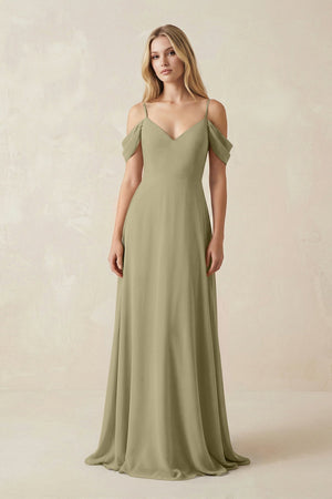 Off - the - Shoulder Chiffon A - Line Maxi Bridesmaid Dress in Thyme - KissProm Bridesmaid Dresses