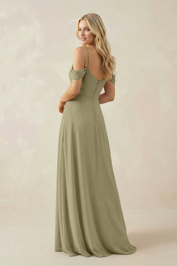 Off - the - Shoulder Chiffon A - Line Maxi Bridesmaid Dress in Thyme - KissProm Bridesmaid Dresses